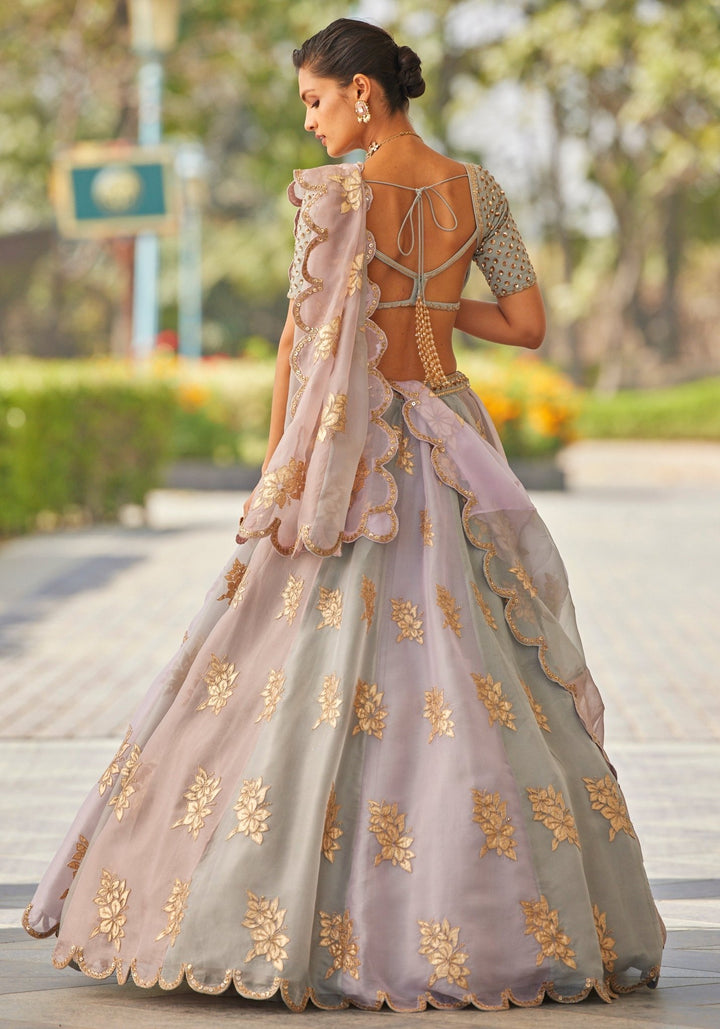 Dusty Pink and Grey Applique Lehenga With Sequinned Blouse Vvani by Vani Vats - Fabilicious Fashion