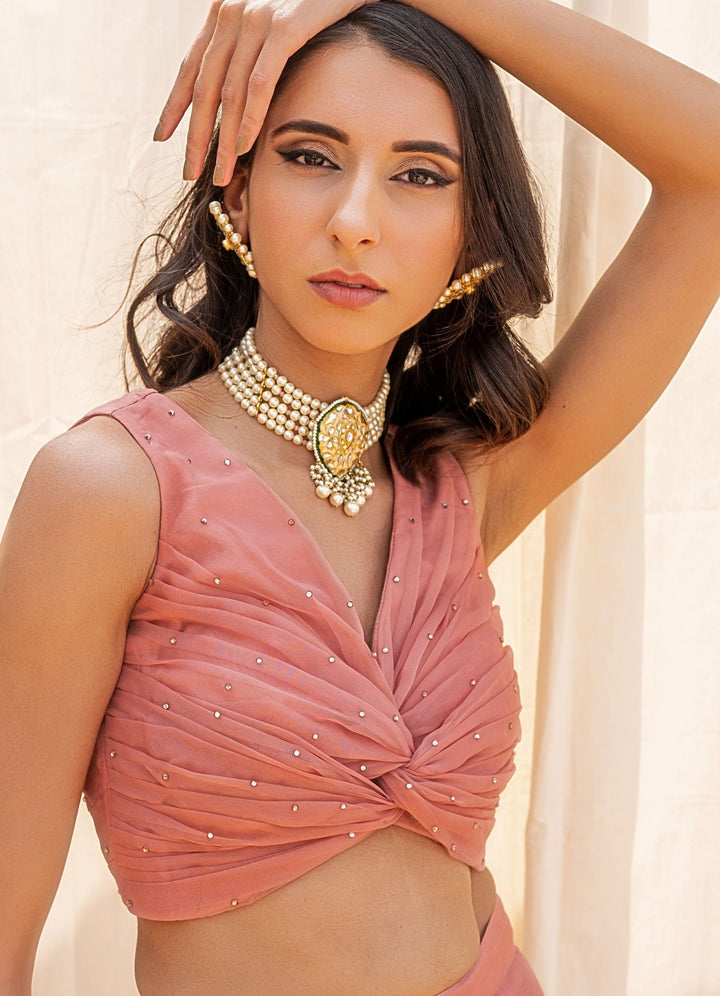 Dusty Pink Embroidered Palazzo Set with Knotted Blouse Silky Bindra - Fabilicious Fashion
