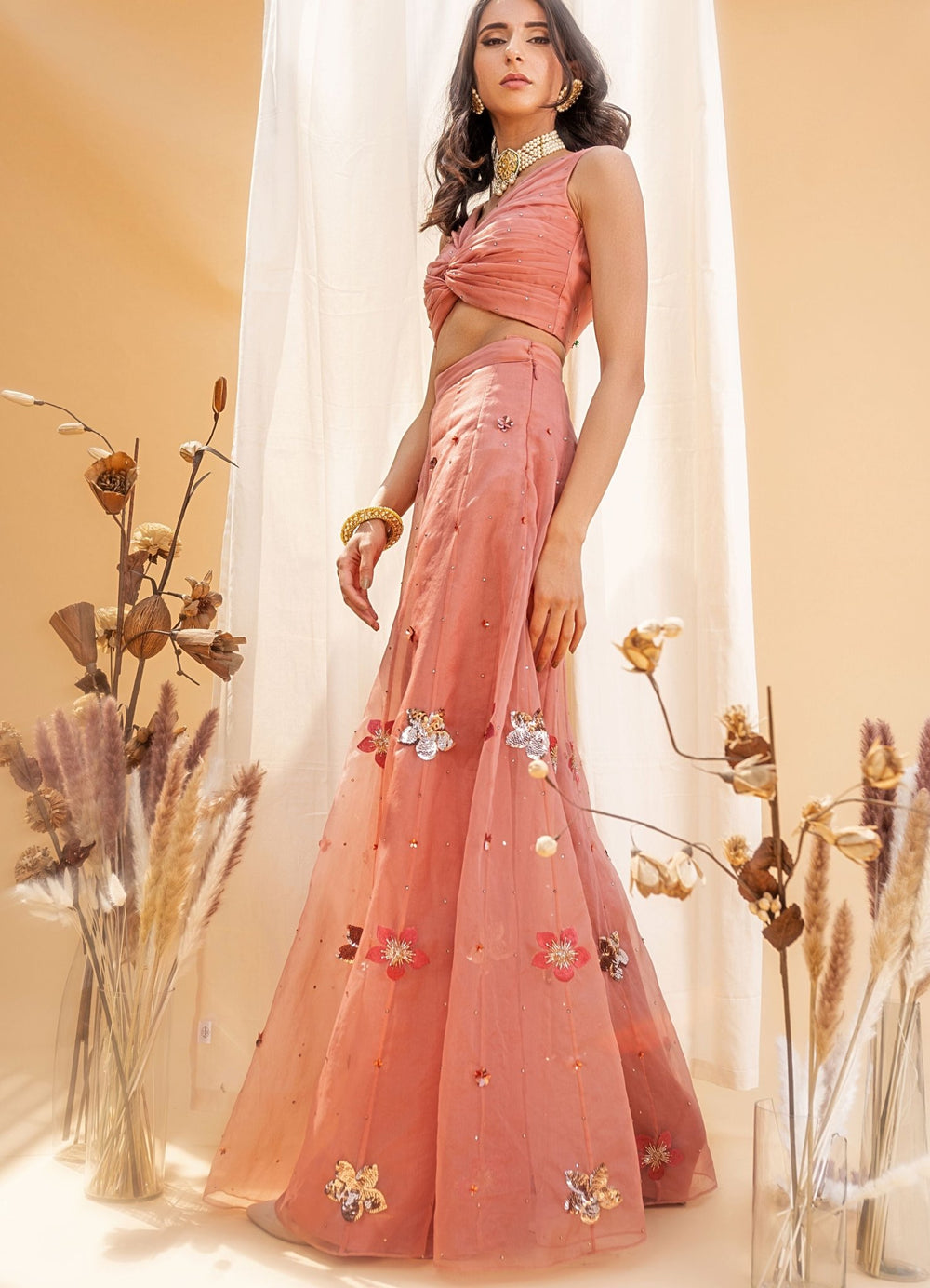 Dusty Pink Embroidered Palazzo Set with Knotted Blouse Silky Bindra - Fabilicious Fashion