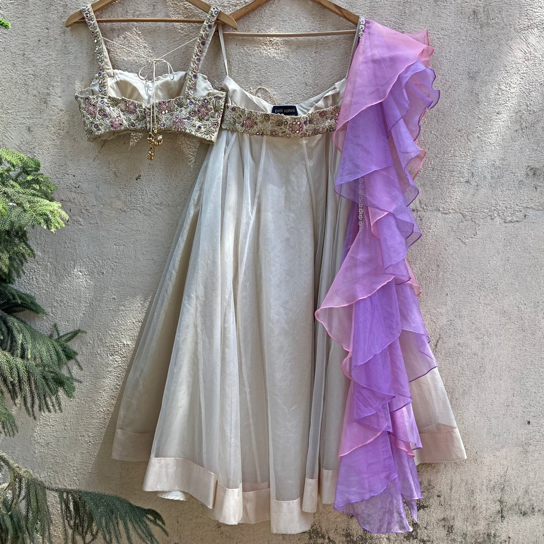 Ecru Lilac Floral Bustier Set Priti Sahni - Fabilicious Fashion