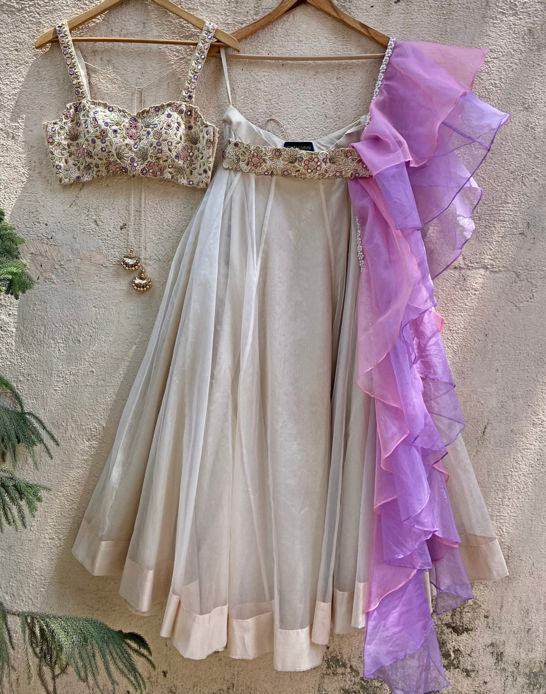 Ecru Lilac Floral Bustier Set Priti Sahni - Fabilicious Fashion