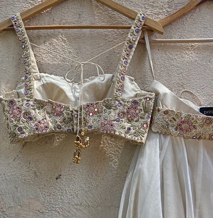 Ecru Lilac Floral Bustier Set Priti Sahni - Fabilicious Fashion