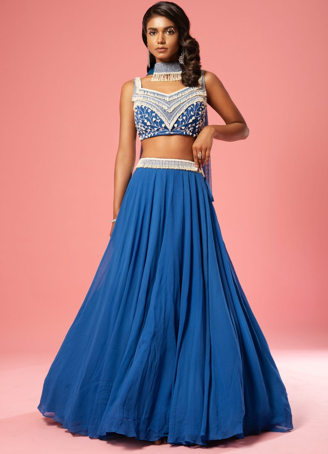 Electric Blue Pearl Detail Lehenga With Choker Style Dupatta QAT By Agni - Fabilicious Fashion