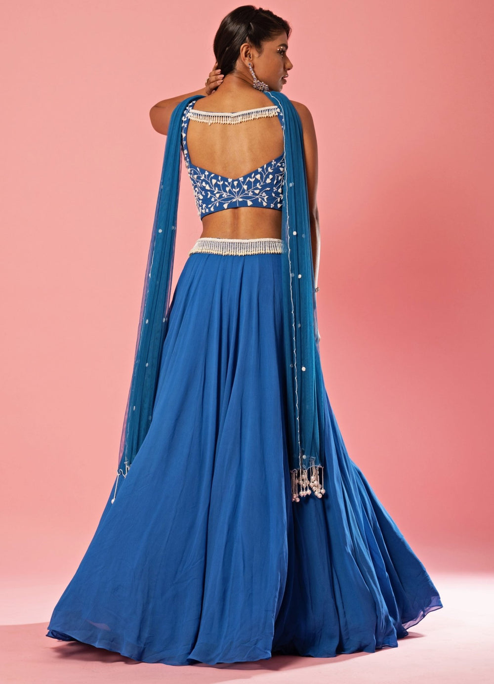 Electric Blue Pearl Detail Lehenga With Choker Style Dupatta QAT By Agni - Fabilicious Fashion