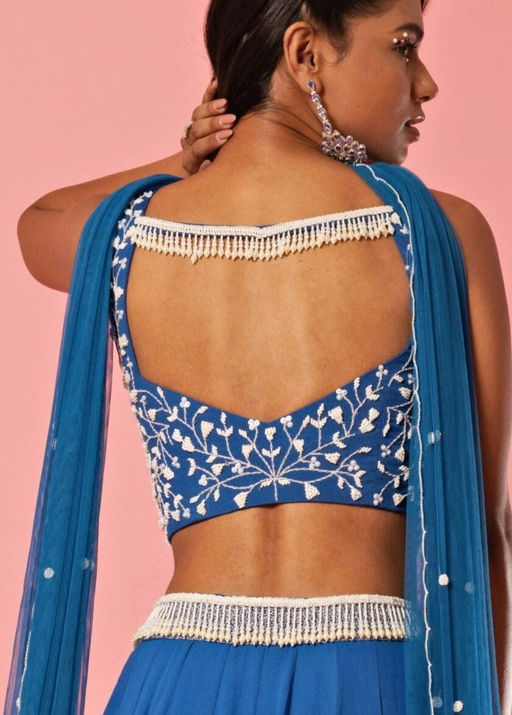 Electric Blue Pearl Detail Lehenga With Choker Style Dupatta QAT By Agni - Fabilicious Fashion
