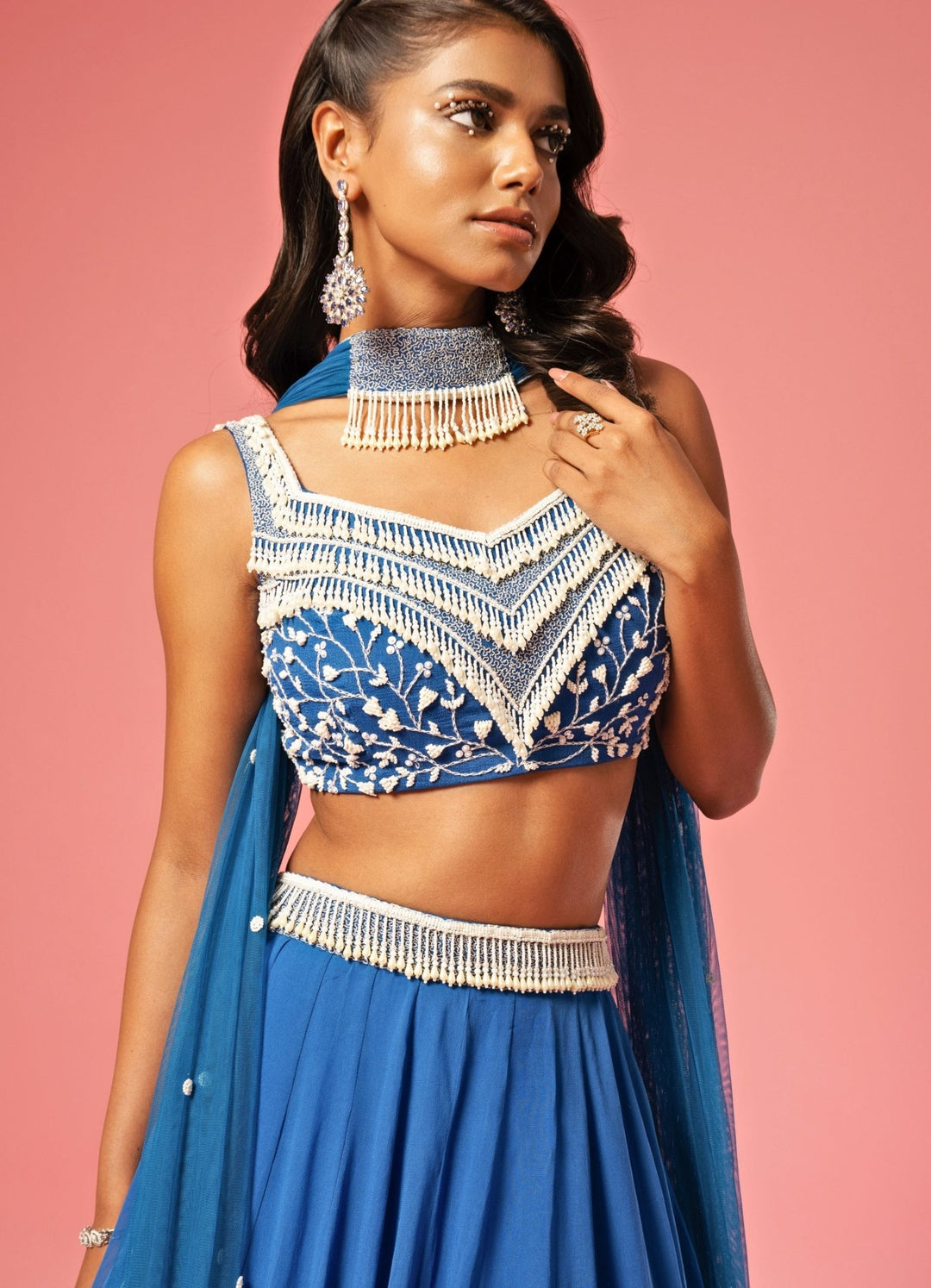 Electric Blue Pearl Detail Lehenga With Choker Style Dupatta QAT By Agni - Fabilicious Fashion