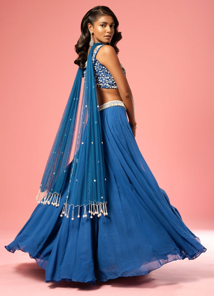 Electric Blue Pearl Detail Lehenga With Choker Style Dupatta QAT By Agni - Fabilicious Fashion