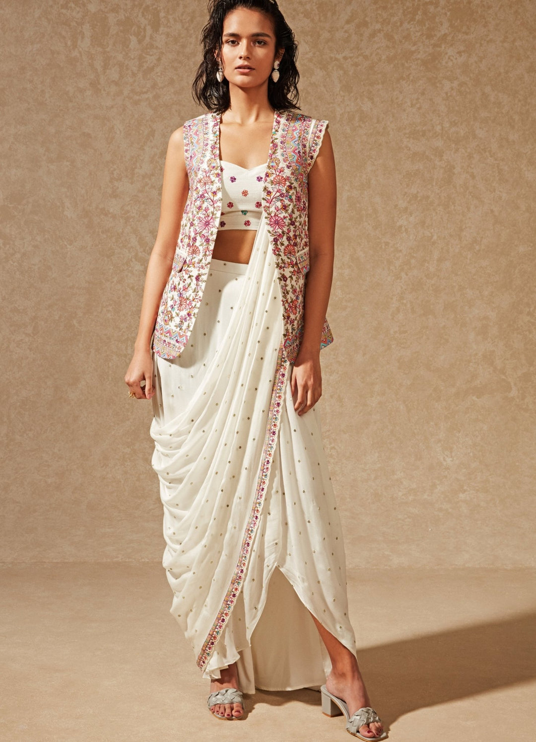 Emaya Ivory Blazer Jacket And Saree Chamee n Palak - Fabilicious Fashion