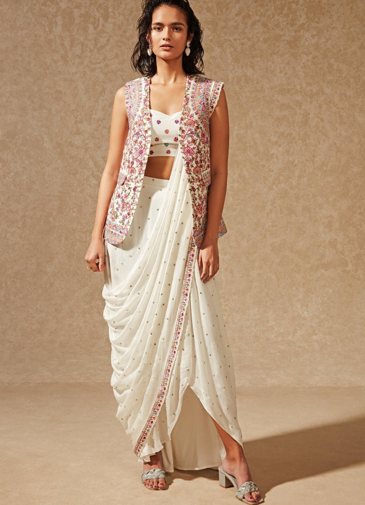 Emaya Ivory Blazer Jacket And Saree Chamee n Palak - Fabilicious Fashion