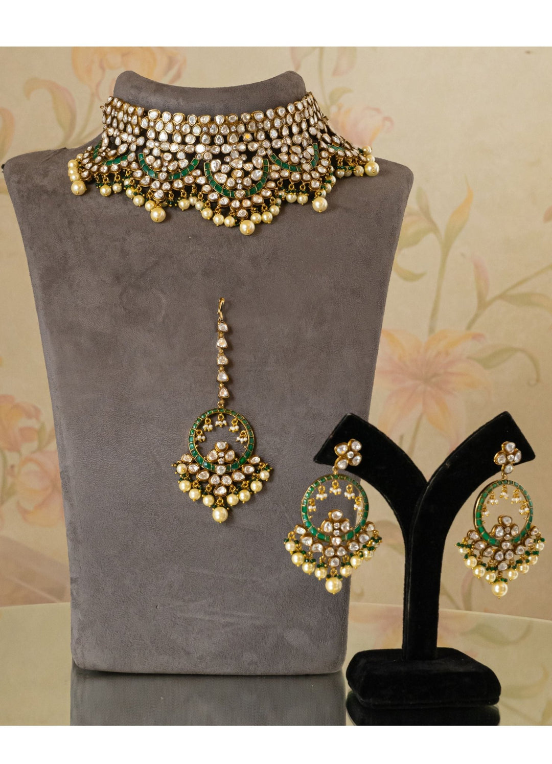 Emerald Green Chandbali Polki Earrings and Necklace Set Zevar by Geeta - Fabilicious Fashion