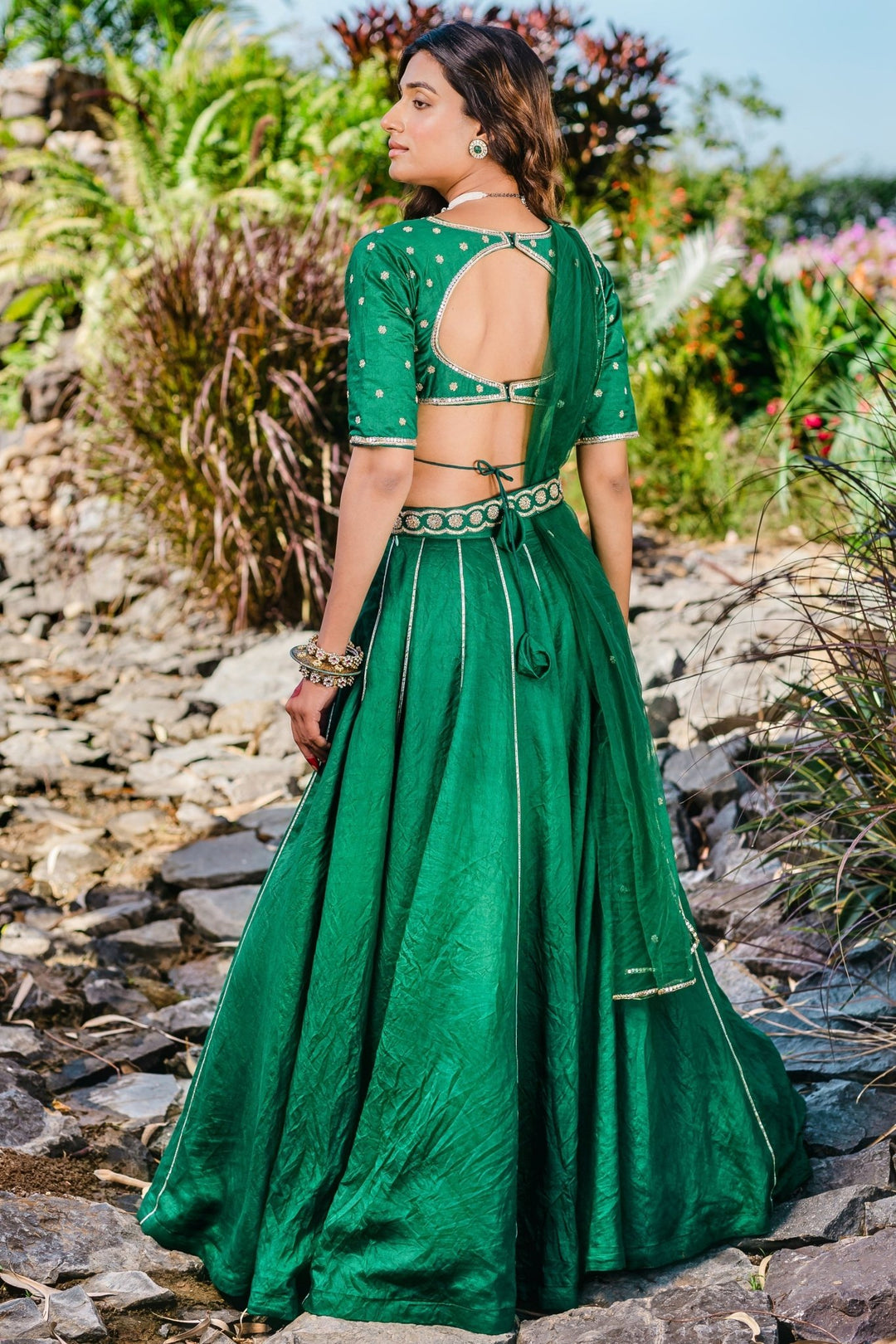 Emerald Green Embellished Chanderi Lehenga Set With Belt And Net Dupatta Redpine - Fabilicious Fashion