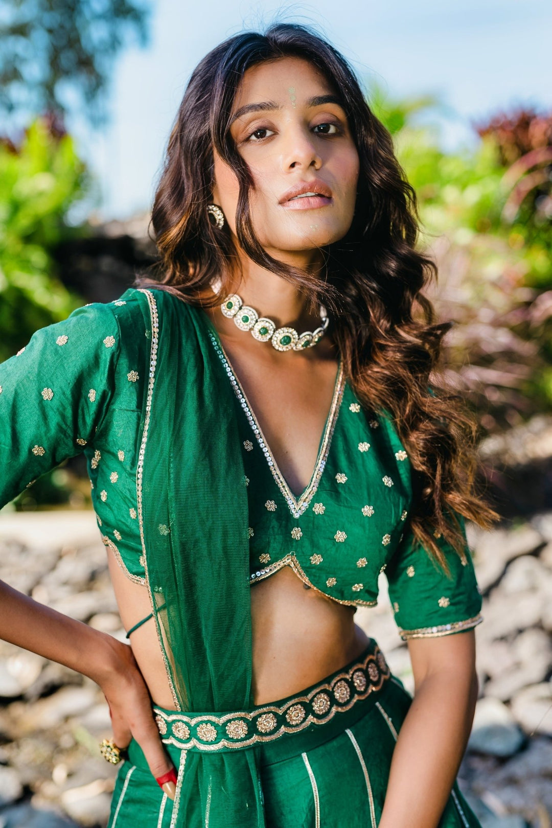 Emerald Green Embellished Chanderi Lehenga Set With Belt And Net Dupatta Redpine - Fabilicious Fashion