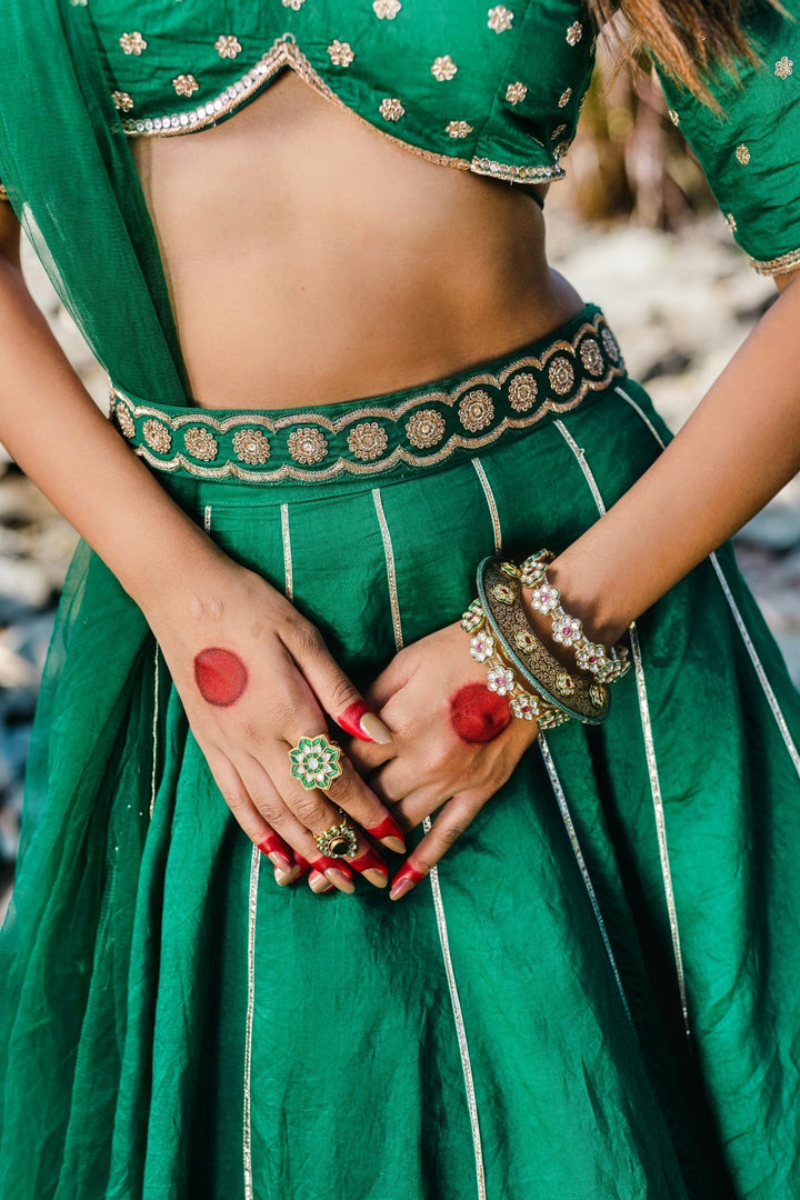 Emerald Green Embellished Chanderi Lehenga Set With Belt And Net Dupatta Redpine - Fabilicious Fashion