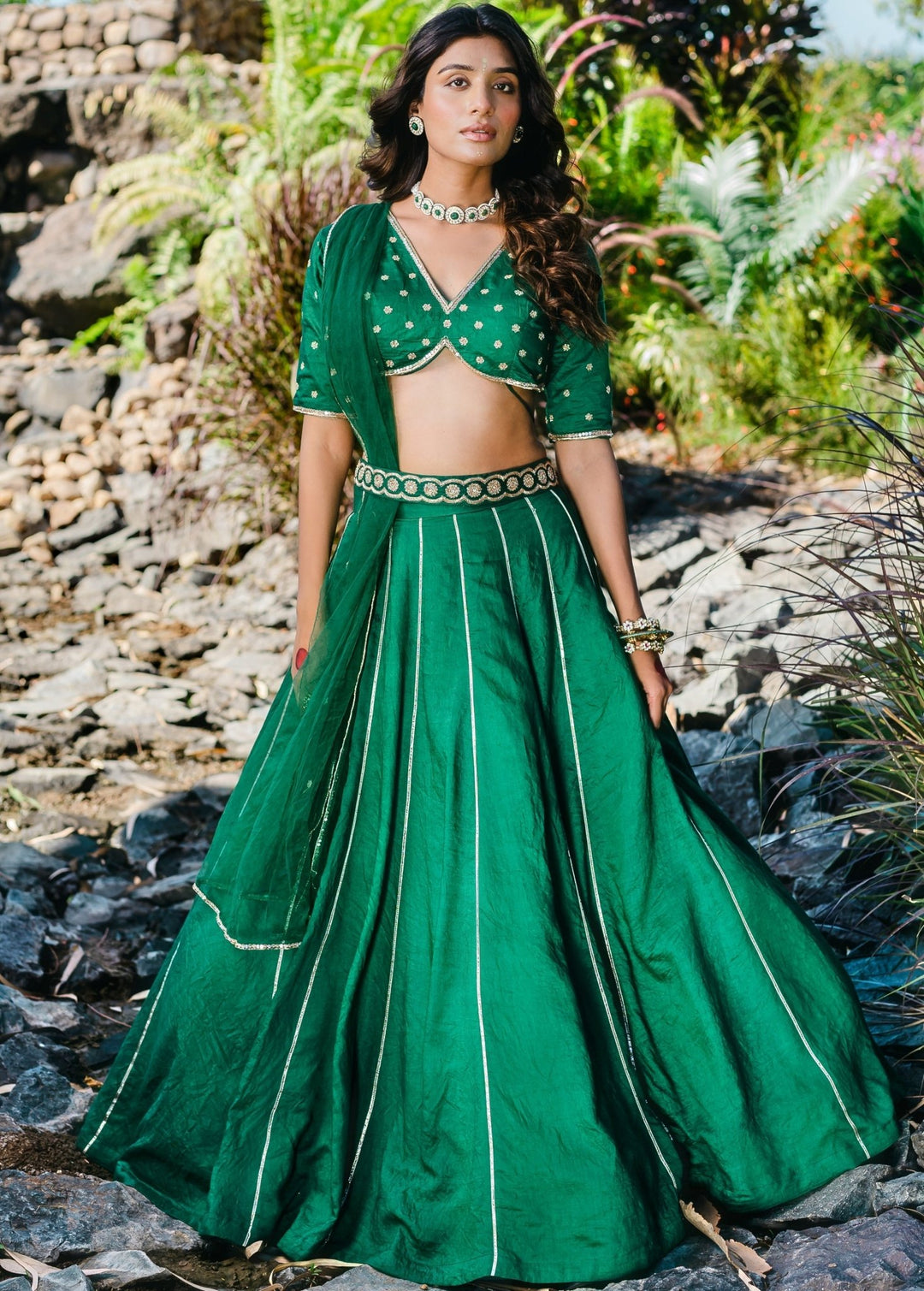 Emerald Green Embellished Chanderi Lehenga Set With Belt And Net Dupatta Redpine - Fabilicious Fashion