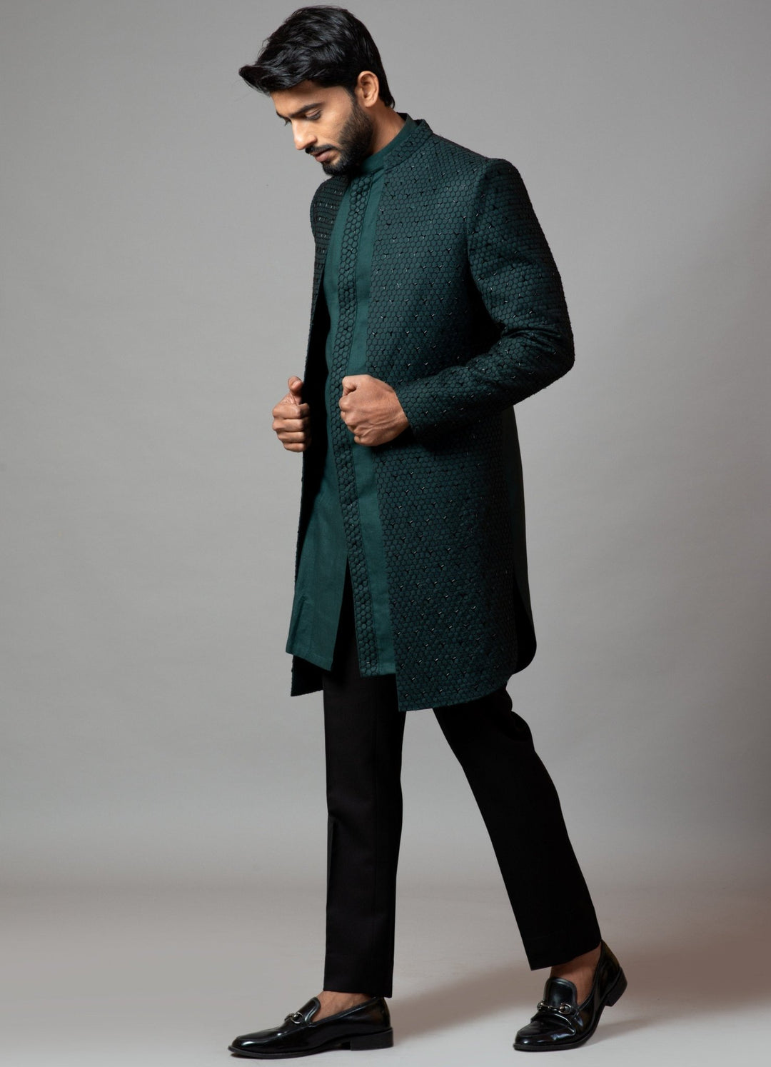 Emerald Green Embroidered Achkan With Kurta And Trousers Smriti - Fabilicious Fashion