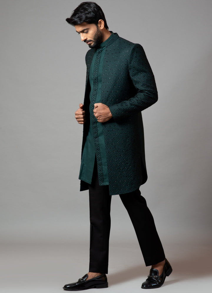 Emerald Green Embroidered Achkan With Kurta And Trousers Smriti - Fabilicious Fashion