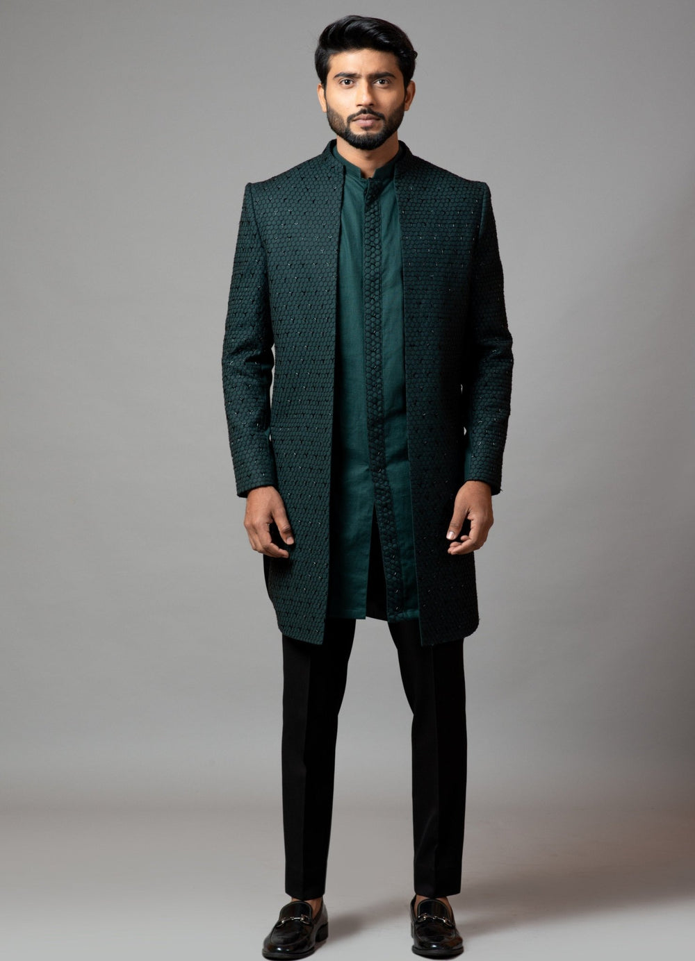 Emerald Green Embroidered Achkan With Kurta And Trousers Smriti - Fabilicious Fashion