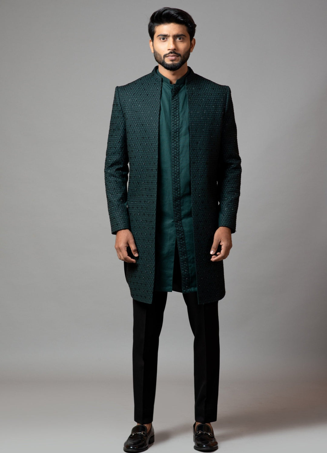 Emerald Green Embroidered Achkan With Kurta And Trousers Smriti - Fabilicious Fashion