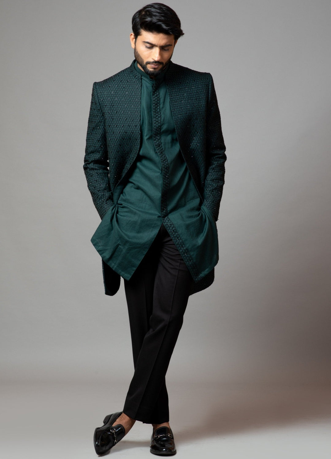 Emerald Green Embroidered Achkan with Kurta and Trousers - Smriti - Men- Fabilicious Fashion L Emerald Green Embroidered Achkan with Kurta and Trousers - Smriti - Men- Fabilicious Fashion L