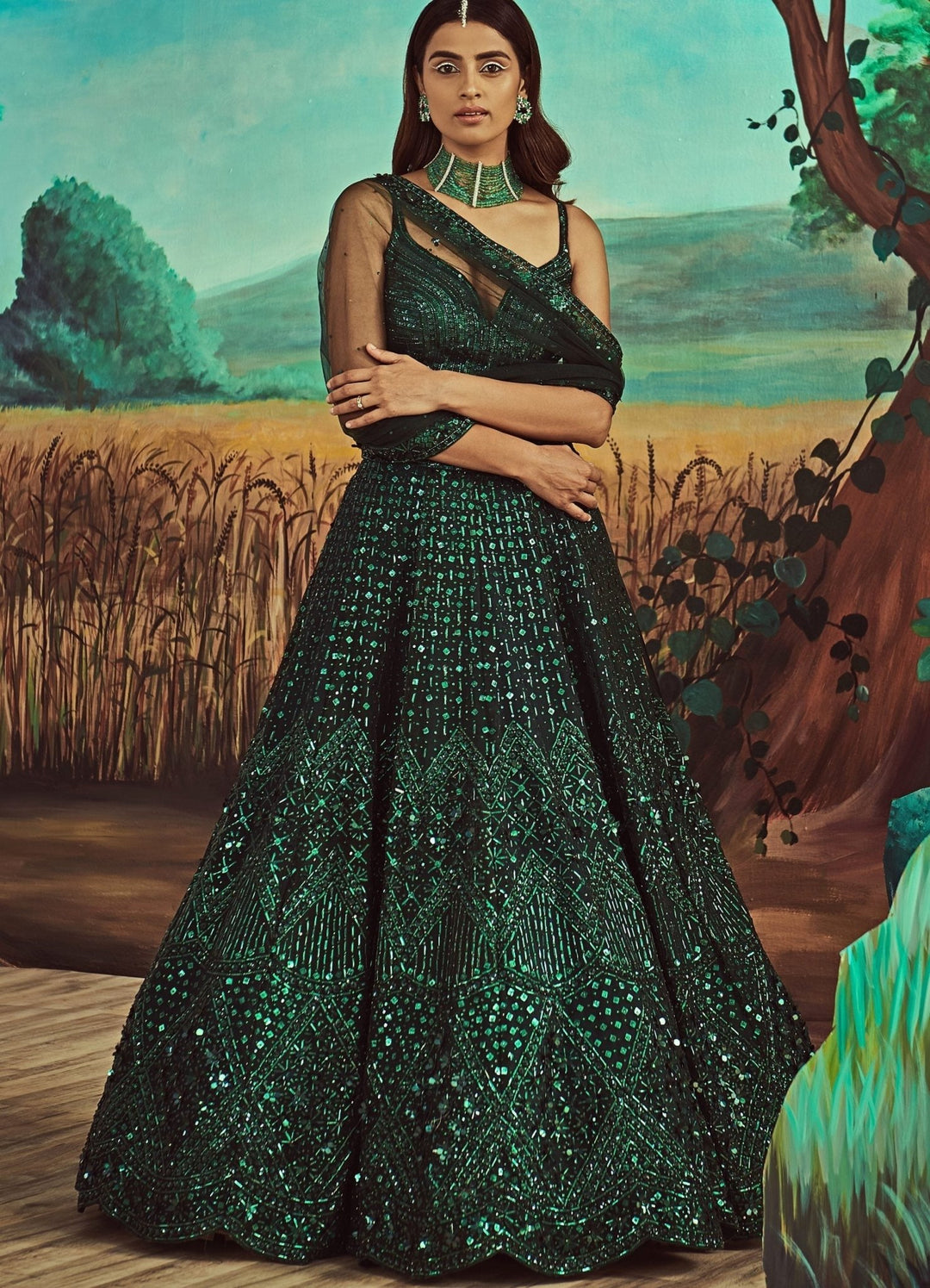 Emerald Green Jewelled Lehenga Set Angad Singh - Fabilicious Fashion