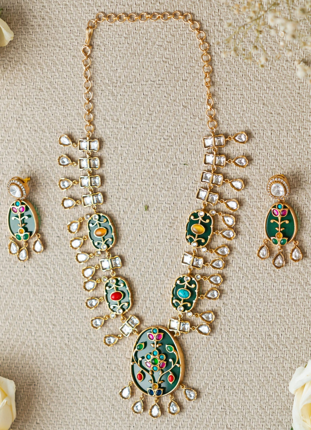 Emerald Green Kundan Necklace Set Zevar by Geeta - Fabilicious Fashion
