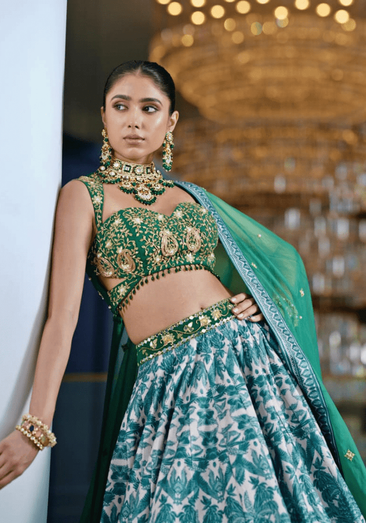 Emerald Green Printed Velvet Lehenga Set Rashika Sharma - Fabilicious Fashion
