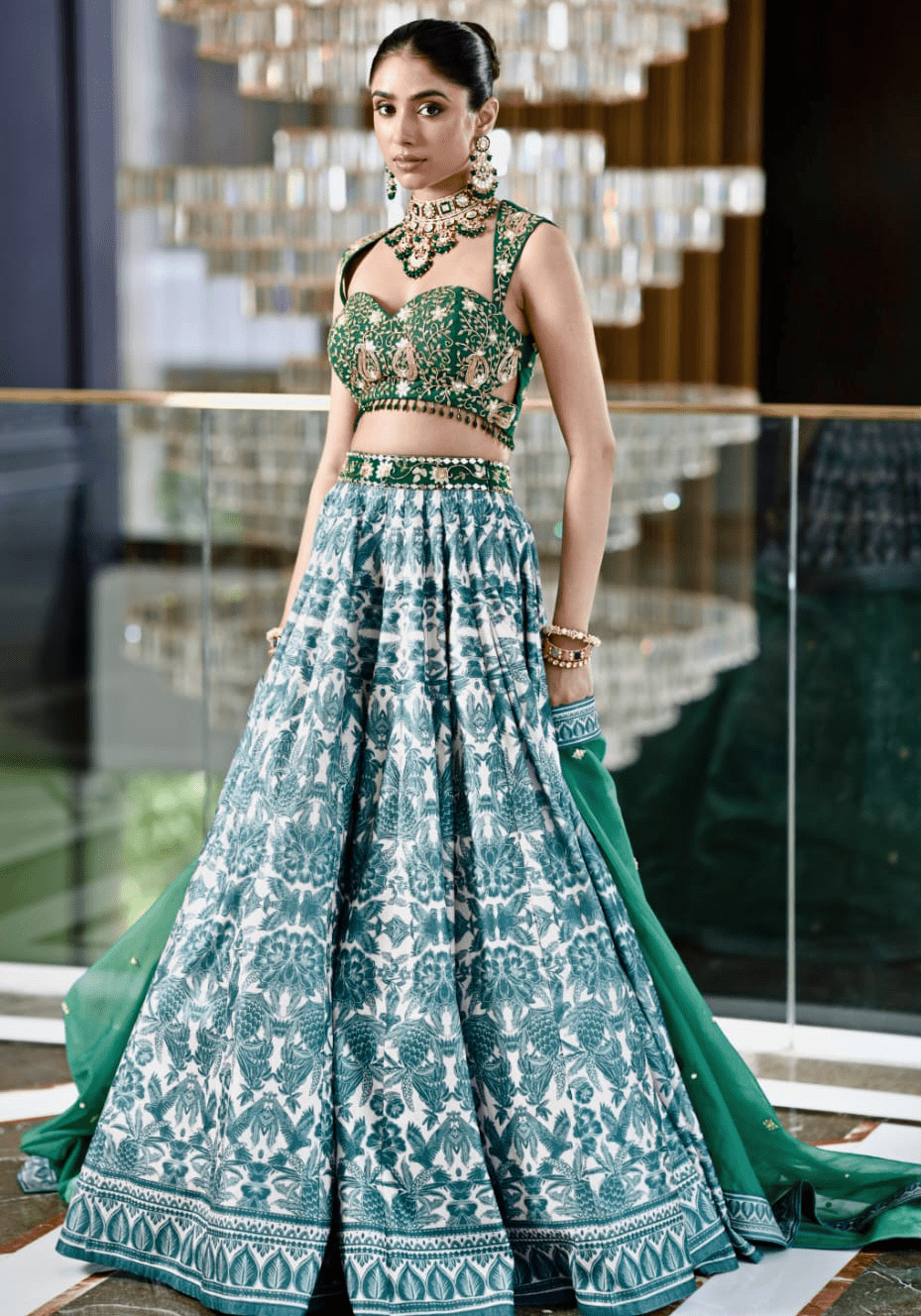 Emerald Green Printed Velvet Lehenga Set Rashika Sharma - Fabilicious Fashion