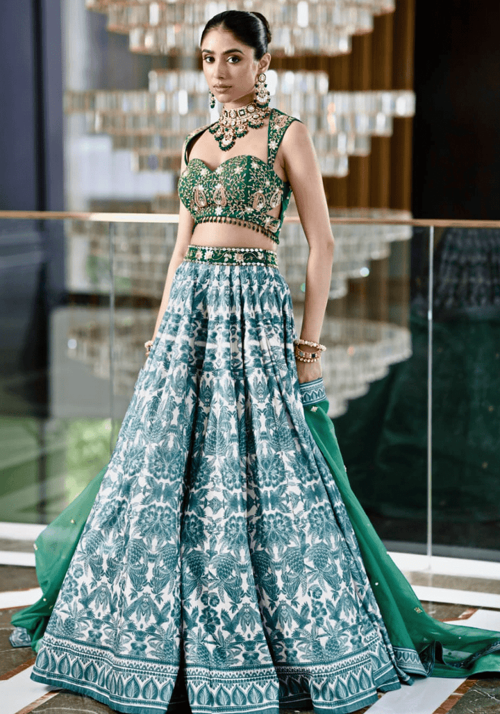Emerald Green Printed Velvet Lehenga Set Rashika Sharma - Fabilicious Fashion