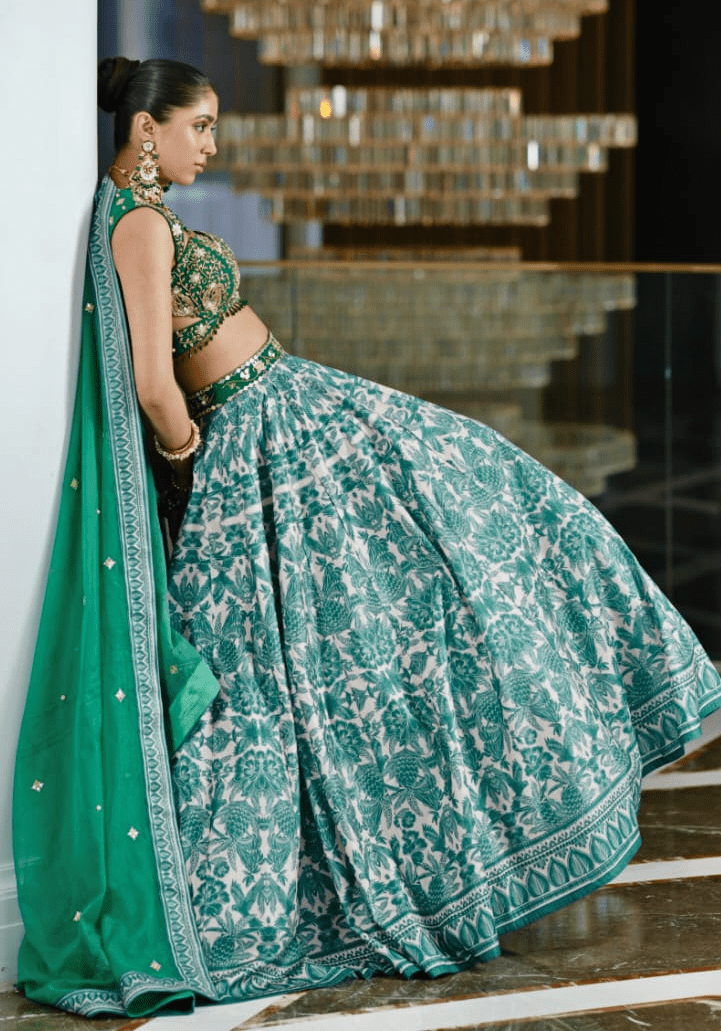 Emerald Green Printed Velvet Lehenga Set Rashika Sharma - Fabilicious Fashion