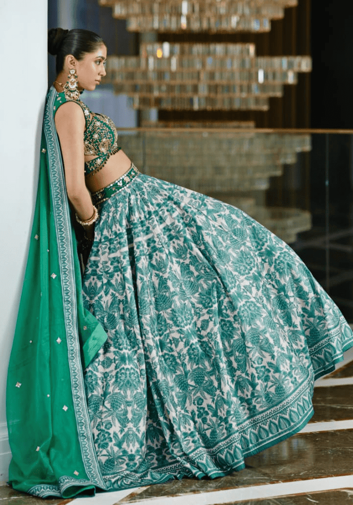 Emerald Green Printed Velvet Lehenga Set Rashika Sharma - Fabilicious Fashion
