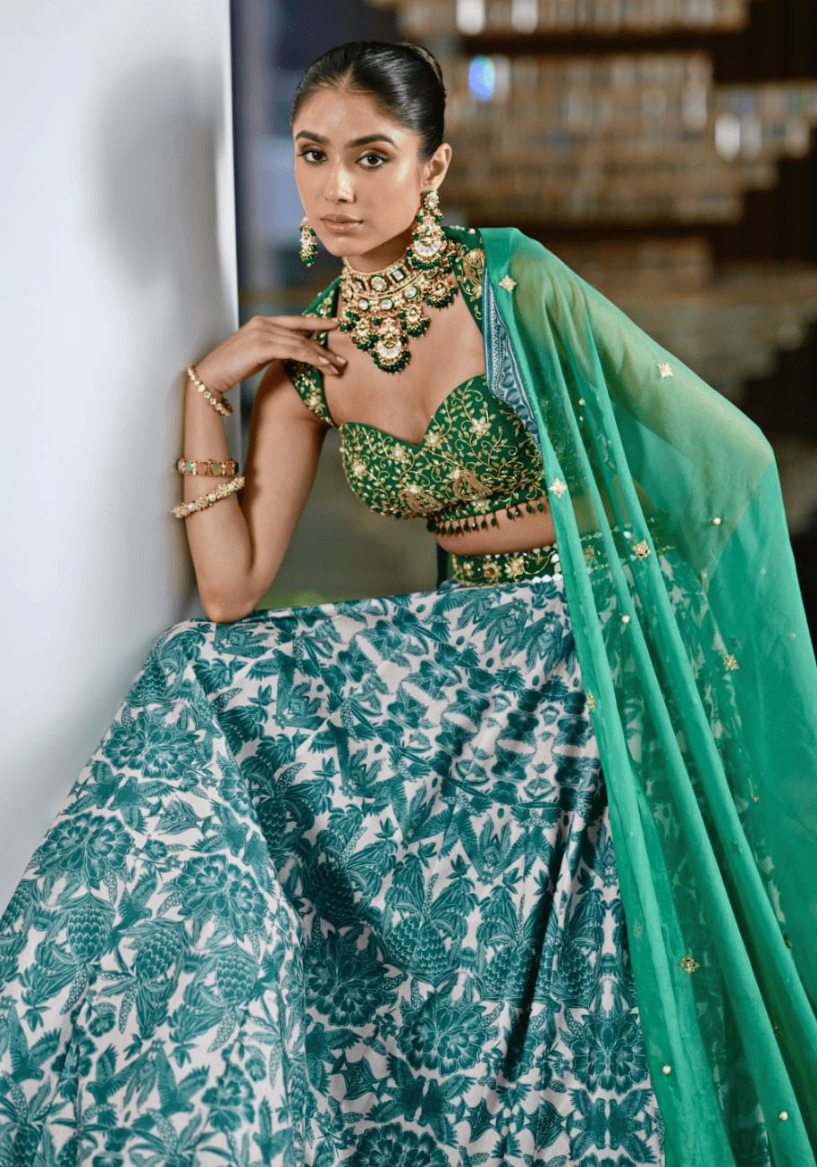 Emerald Green Printed Velvet Lehenga Set Rashika Sharma - Fabilicious Fashion