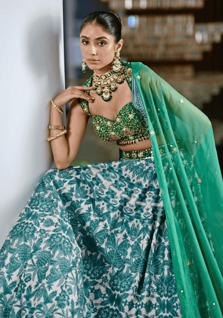 Emerald Green Printed Velvet Lehenga Set Rashika Sharma - Fabilicious Fashion