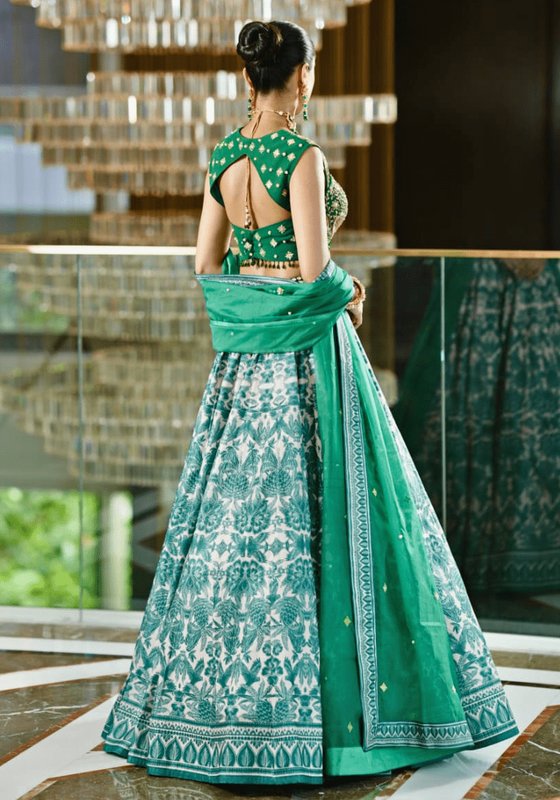 Emerald Green Printed Velvet Lehenga Set Rashika Sharma - Fabilicious Fashion