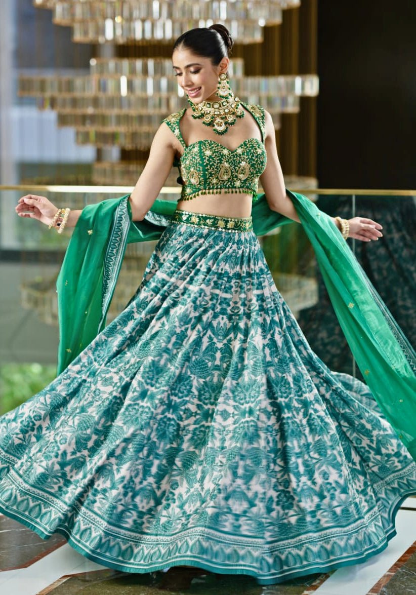 Emerald Green Printed Velvet Lehenga Set Rashika Sharma - Fabilicious Fashion