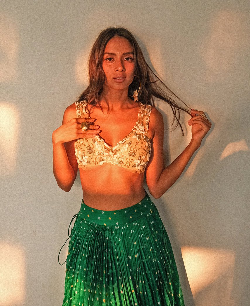 Emerald Green Silk Lehenga With Nude Bralette - The Little Black