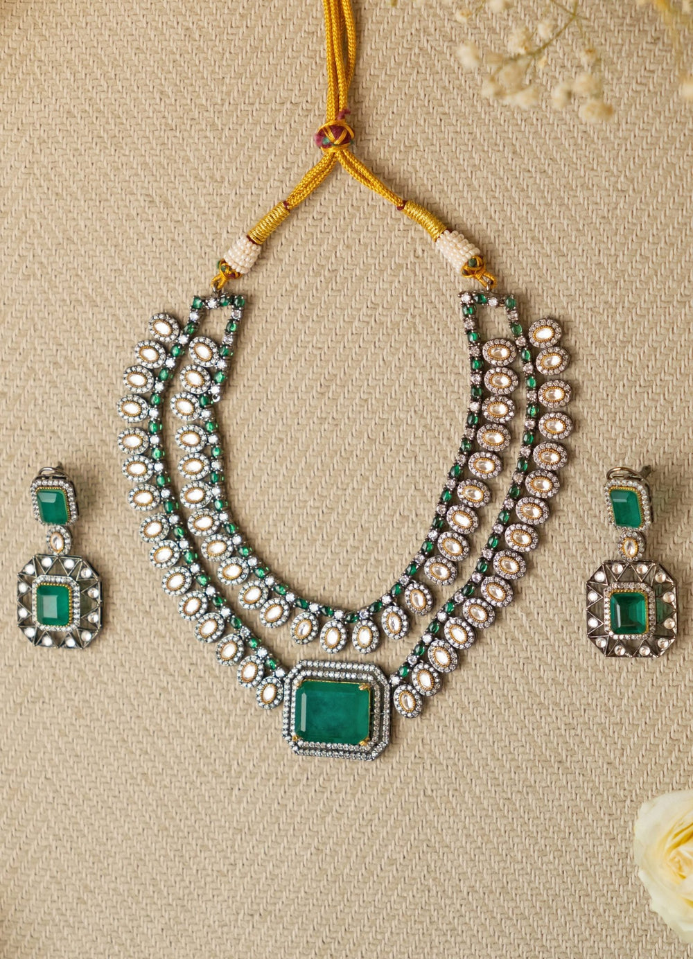 Emerald Green Statement Polki Earrings and Necklace Set Zevar by Geeta - Fabilicious Fashion