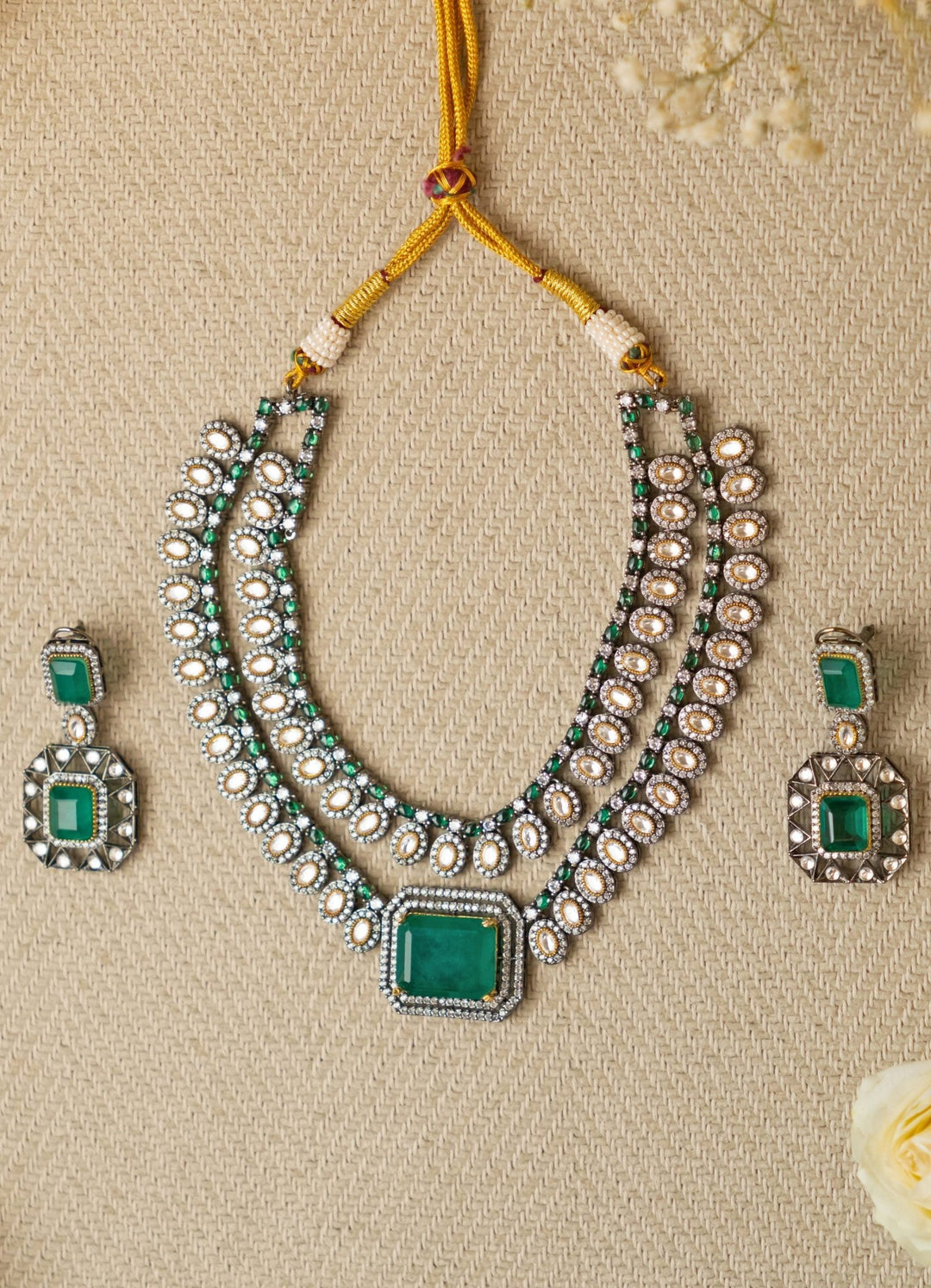 Emerald Green Statement Polki Earrings and Necklace Set Zevar by Geeta - Fabilicious Fashion