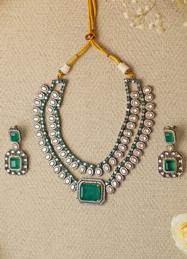 Emerald Green Statement Polki Earrings and Necklace Set Zevar by Geeta - Fabilicious Fashion