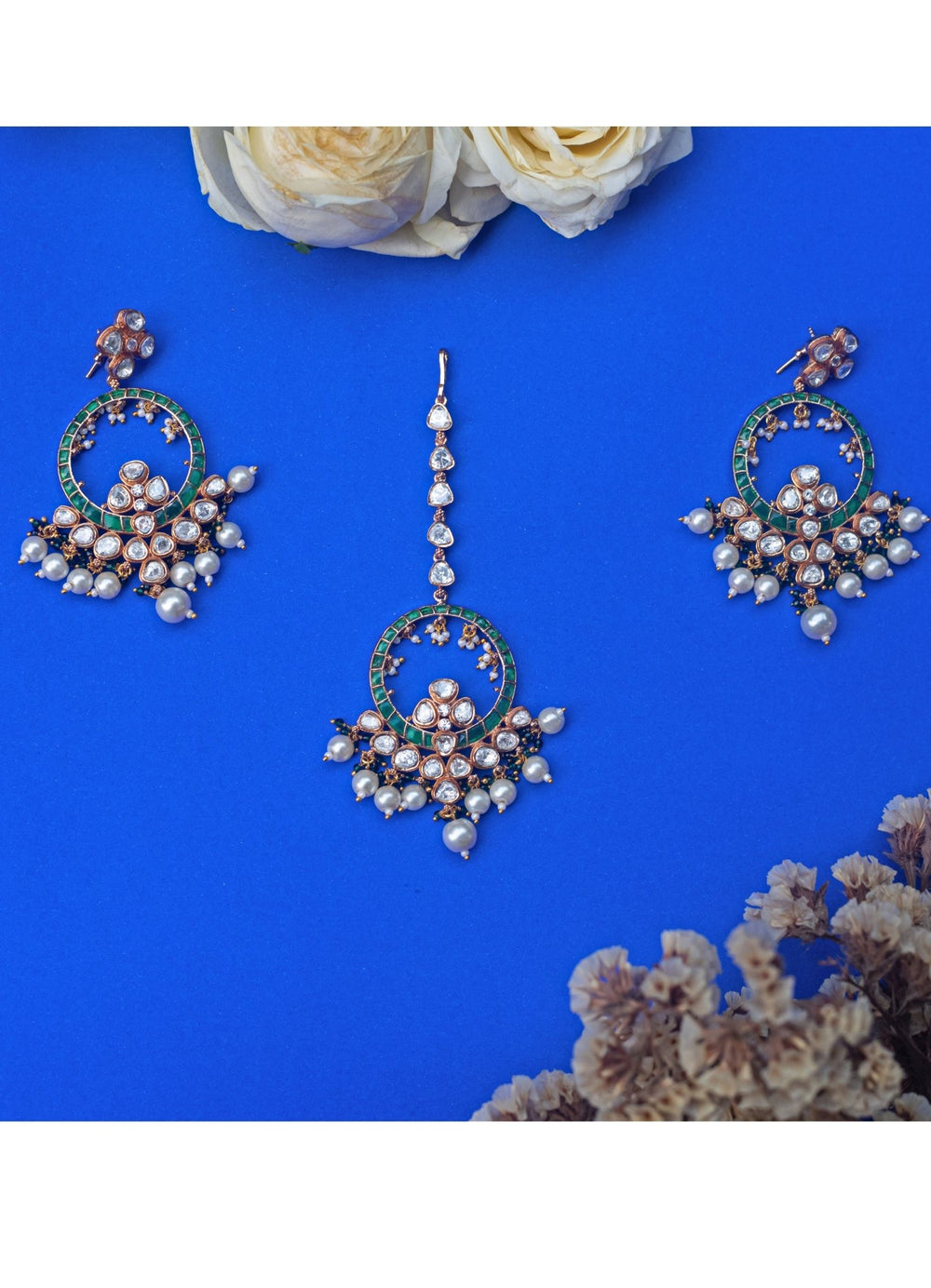 Emerald Green Stone and Kundan Earrings Zevar by Geeta - Fabilicious Fashion