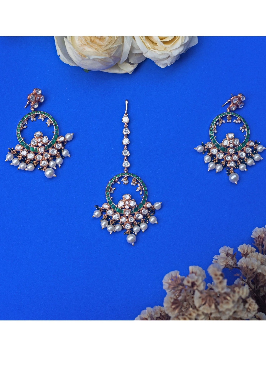 Emerald Green Stone and Kundan Earrings Zevar by Geeta - Fabilicious Fashion