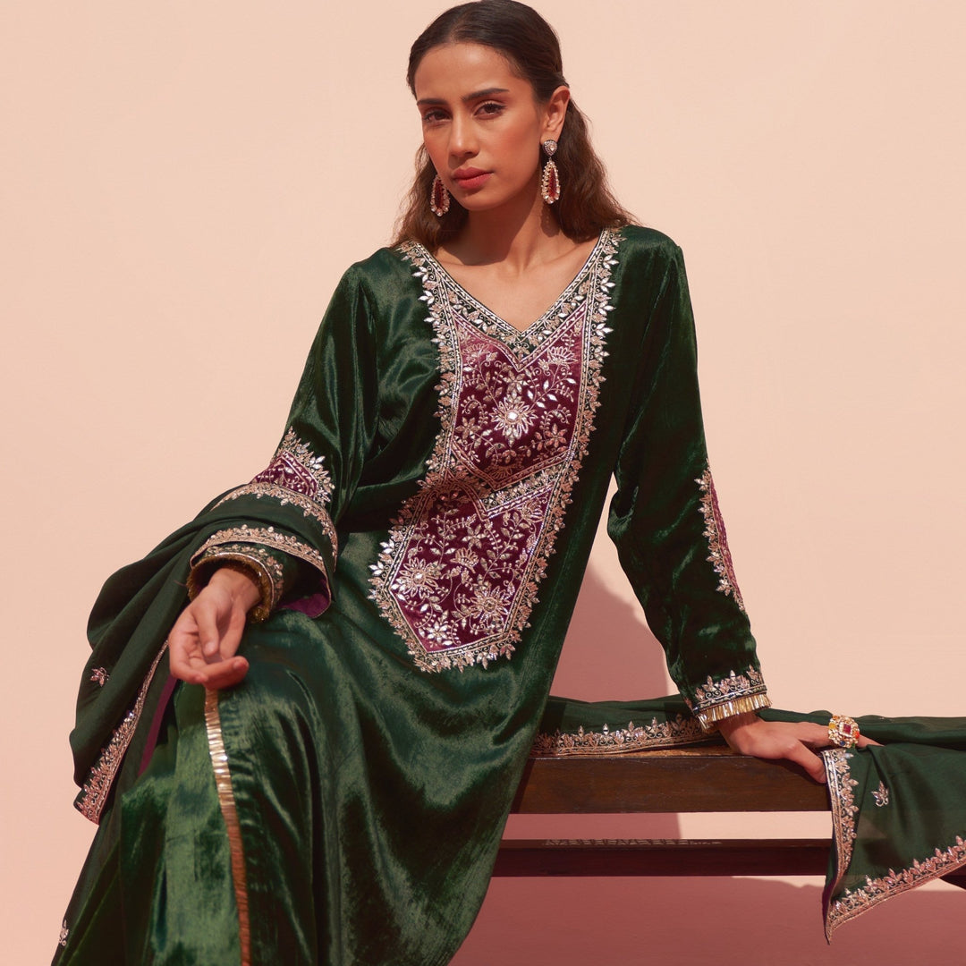 Emerald Green Velvet Suit Angad Singh - Fabilicious Fashion