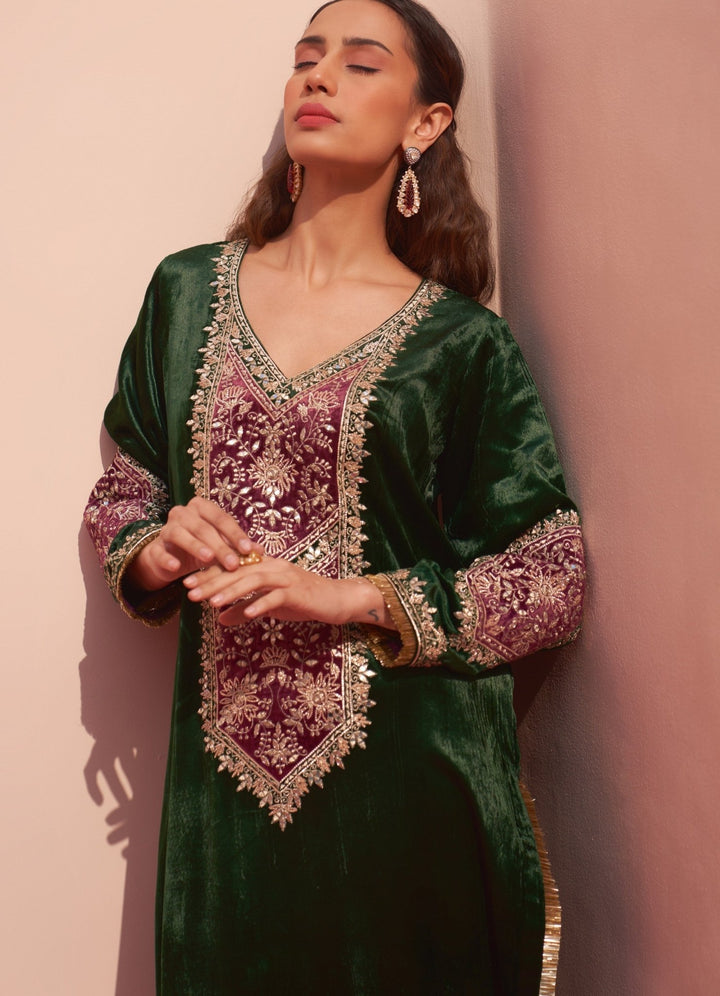 Emerald Green Velvet Suit Angad Singh - Fabilicious Fashion