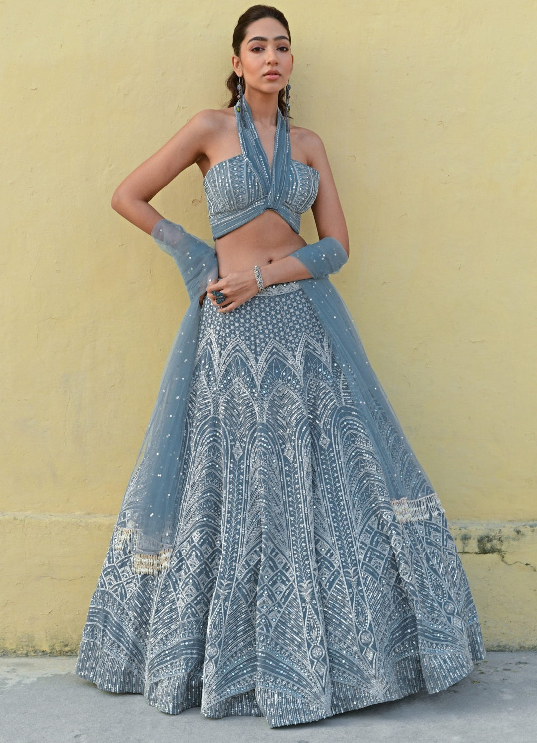 English Blue Ruched Halter Bralette Embroidered Lehenga Set Chamee n Palak - Fabilicious Fashion