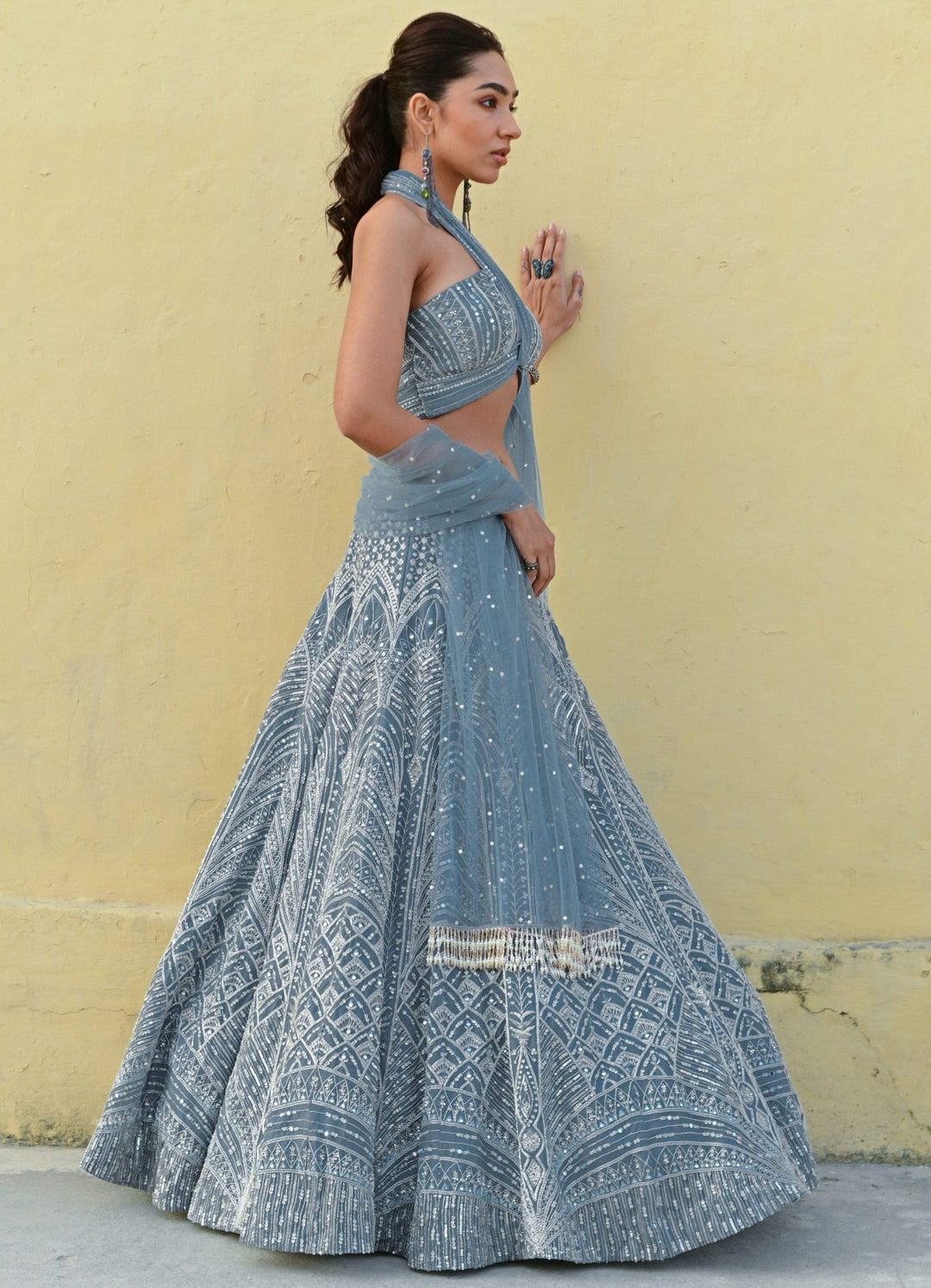 English Blue Ruched Halter Bralette Embroidered Lehenga Set Chamee n Palak - Fabilicious Fashion