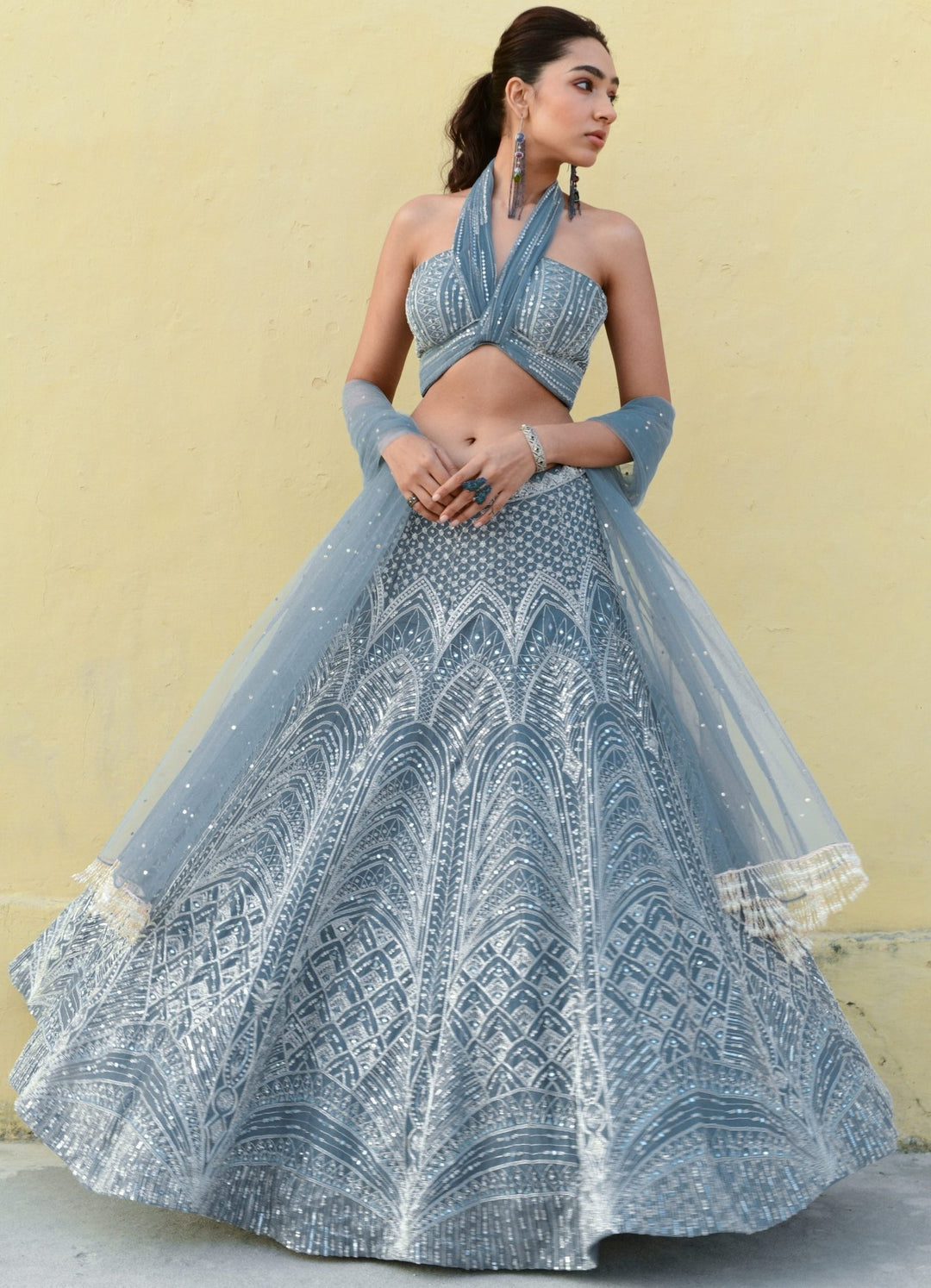 English Blue Ruched Halter Bralette Embroidered Lehenga Set Chamee n Palak - Fabilicious Fashion