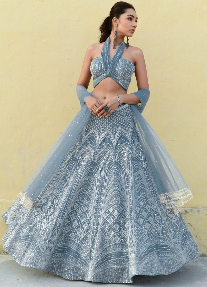 English Blue Ruched Halter Bralette Embroidered Lehenga Set Chamee n Palak - Fabilicious Fashion