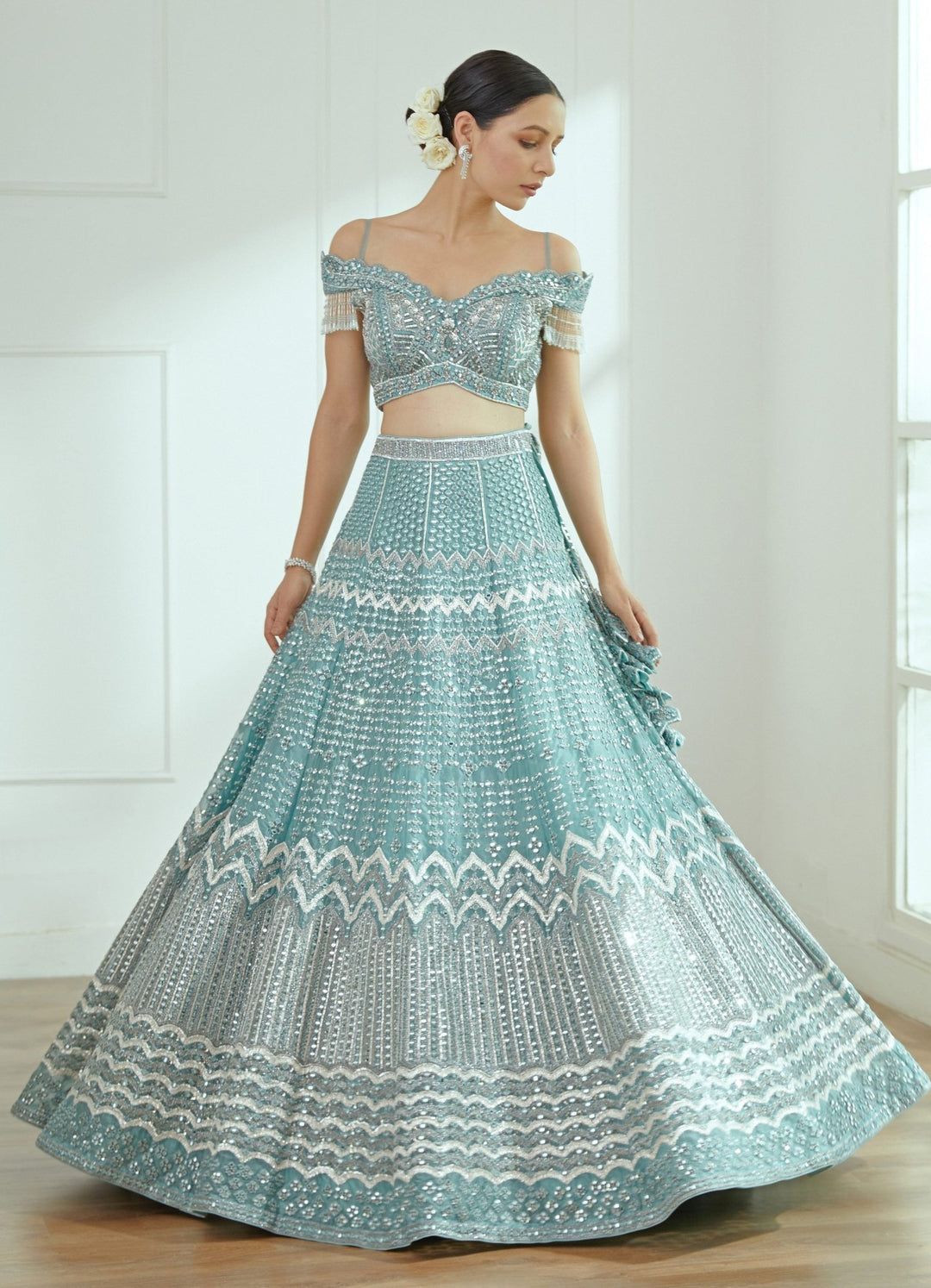 Estella Frosty Blue Organza Lehenga Set Studio Iris - Fabilicious Fashion