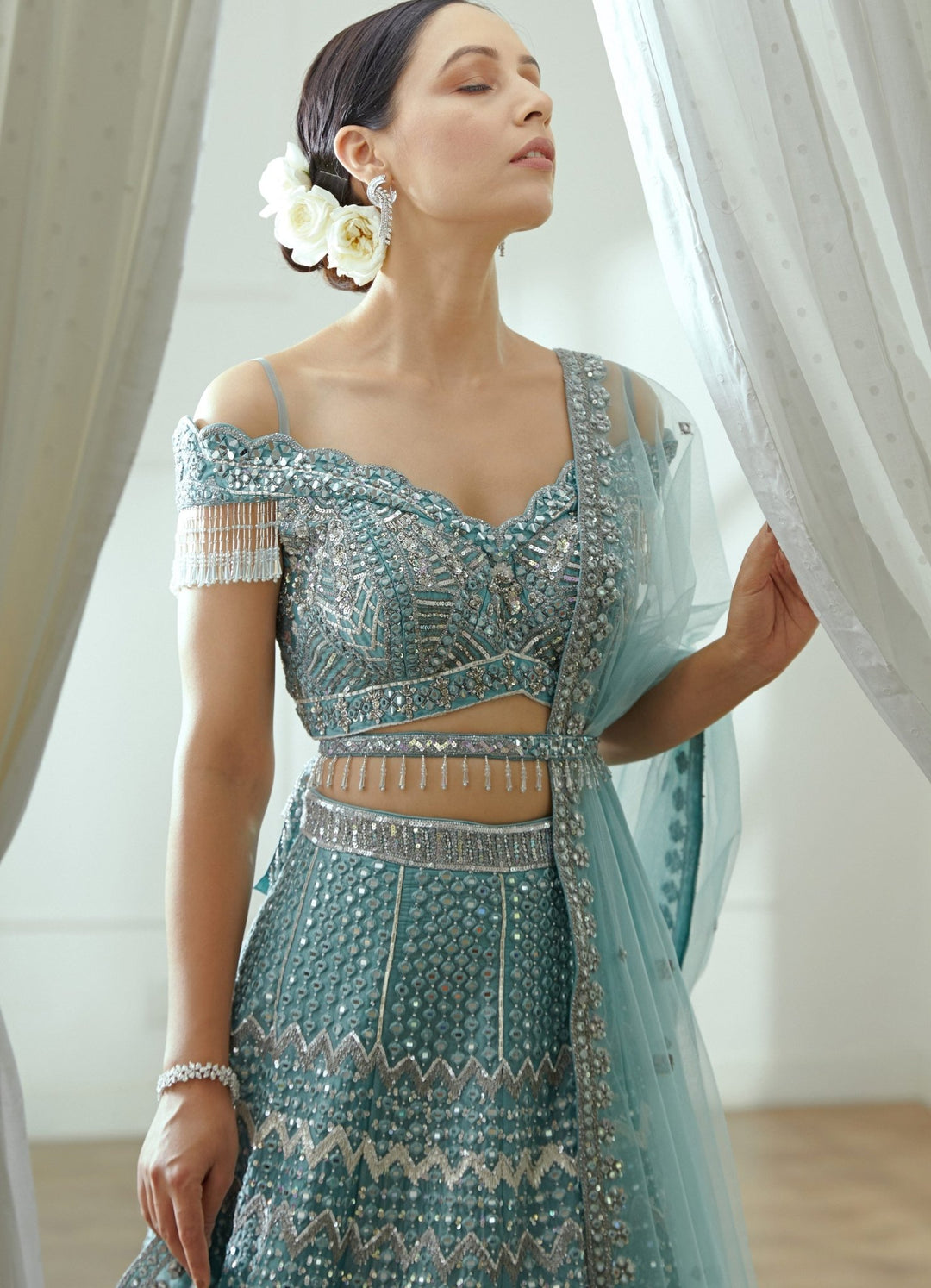 Estella Frosty Blue Organza Lehenga Set Studio Iris - Fabilicious Fashion