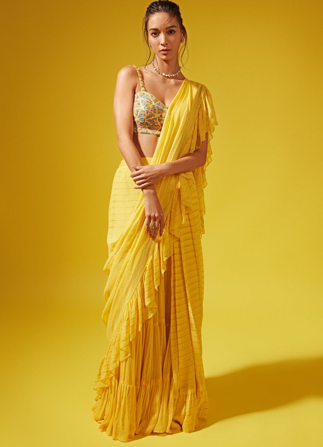 Etsu Yellow Pre-Stitched Saree Chamee n Palak - Fabilicious Fashion