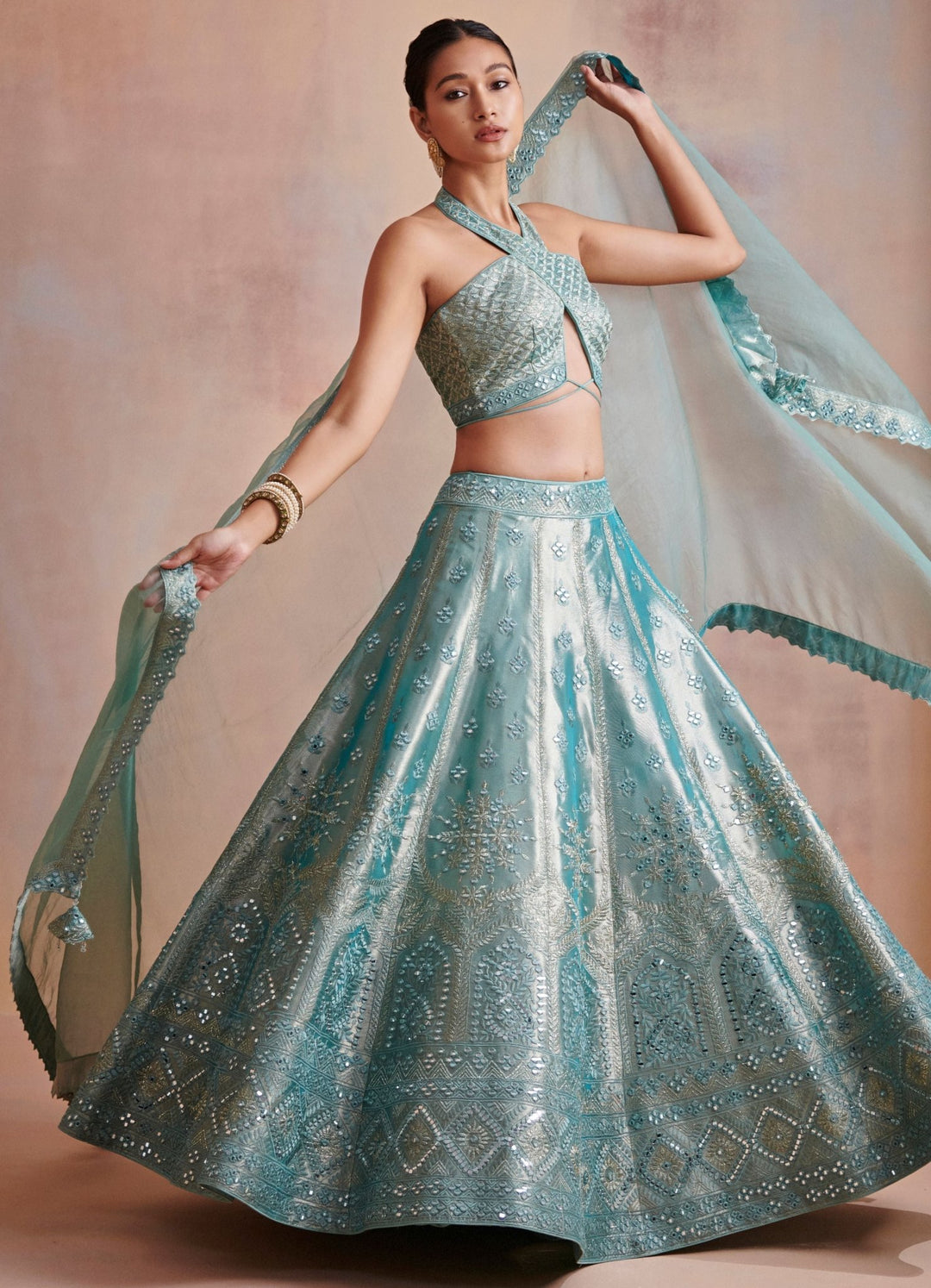 Falak Turquoise Blue Mirror and Resham Set Suhino - Fabilicious Fashion
